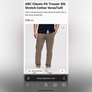 Men's Lululemon ABC Classic-Fit Trouser Stretch Cotton VersaTwill 33x30